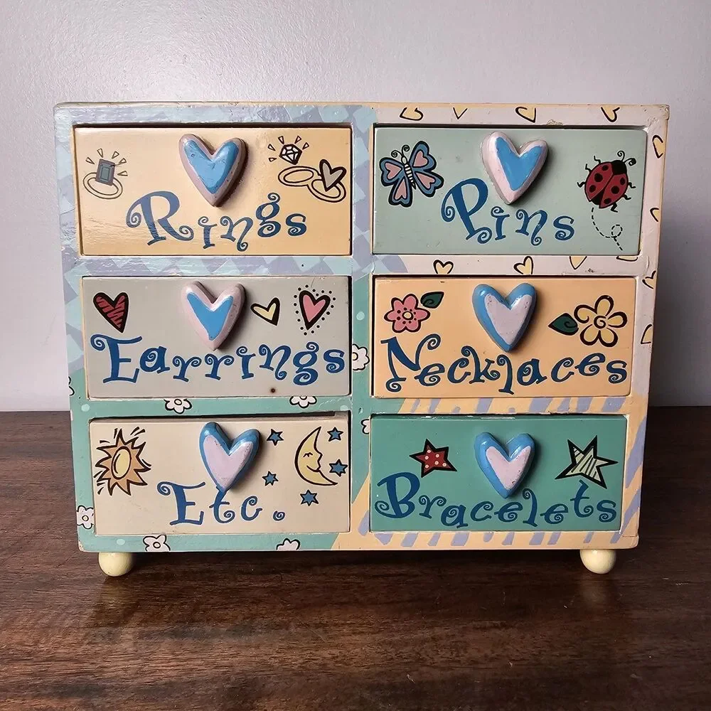 Vintage Lillian Vernon Y2K Girls Wooden Jewelry Chest 6 Drawer Heart Pulls